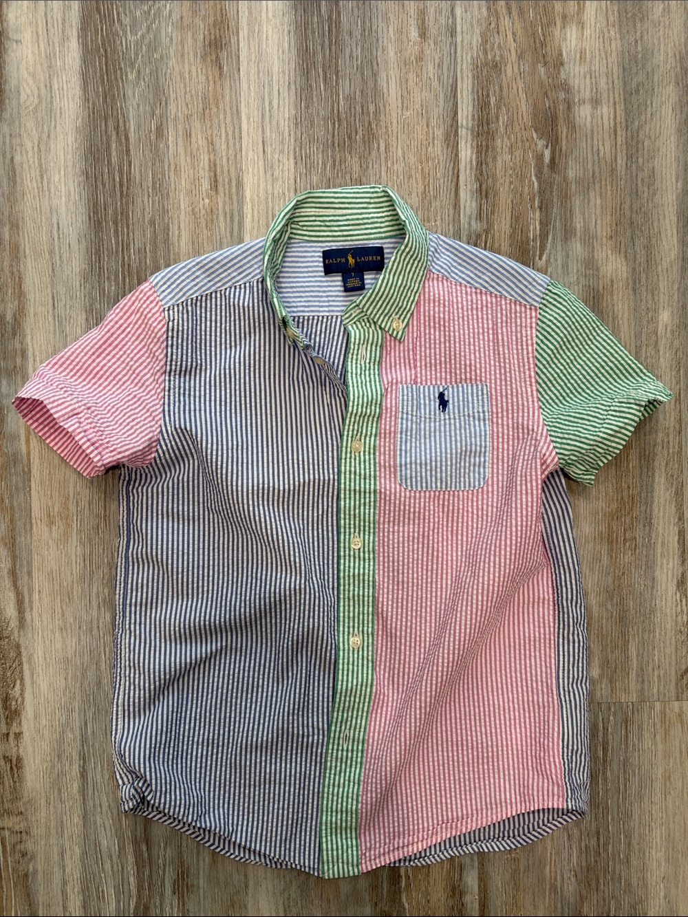 Ralph Lauren Short-Sleeve Multi-Panel Stripe Button-Down — Pink, Green, Blue
